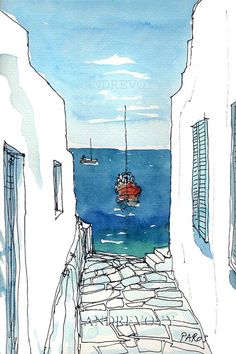 a watercolor painting of a boat sailing in the ocean from an alleyway between two buildings