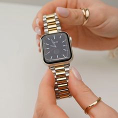 Turn your Apple Watch into a Luxurious Watch and true accessory, with our premium designer Apple Watch bracelet.  Our luxurious metal Apple Watch band is the ultimate accessory for those seeking the extraordinary in any formal or casual attire.  Crafted from the finest stainless steel, it is durable and less likely to wear out over time. Carefully polished and brushed for a smooth, shiny finish that increases the bracelet’s durability. Just adjust the watch band length to fit your wrist size, an Golden Apple Watch, Mixed Metal Apple Watch Band, Apple Watch Strap Aesthetic, Stylish Apple Watch Band Women, Apple Watch Metal Band, Apple Watch Outfits Women, Apple Watch Gold Band, Apple Watch Outfit, Apple Watch Straps Women