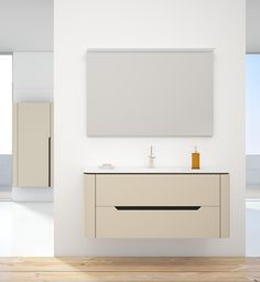 a bathroom vanity with two sinks and a mirror on the wall next to an open window