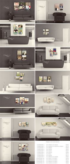 a series of photographs showing different types of living room furniture and decorating styles, including sofas