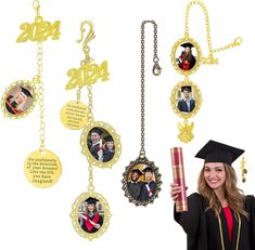 a woman in graduation clothes is holding up some personalized necklaces and an award