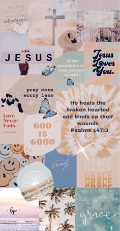 a collage of different images with the words jesus loves you and other things in them