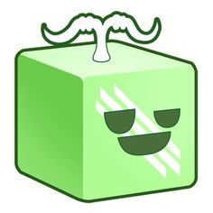 a green cube with a mustache and eyes drawn on the side, sitting in front of a white background