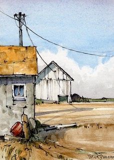 watercolor painting of an old house and power lines