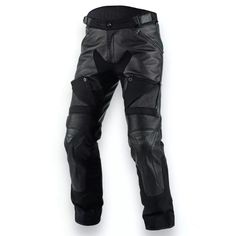 a pair of black leather pants with mesh detailing on the bottom and side, sitting in front of a white background