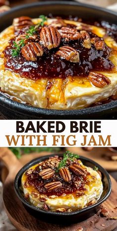 Indulge in the delightful harmony of flavors with Baked Brie topped with luscious fig jam. This appetizer marries the smooth, creamy texture of brie cheese with the sweet and slightly tangy notes of fig jam, creating a taste sensation that's sure to impress. With just a handful of ingredients and about half an hour, you can whip up this crowd-pleaser, making it an ideal choice for festive celebrations or any special gathering. Food For The Holidays, Baked Brie Recipes Fig Jam, Brie Fall Appetizer, Best Brie Appetizer, Easy Appetizers Brie, Brie Recipes Fig Jam, Baked Cheese Recipes Appetizers, Baked Brie Dinner, Baked Cheese Board