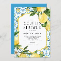 a blue and yellow floral bridal shower card with lemons on the side, in front of a white background