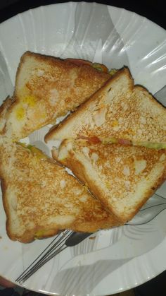 three grilled sandwiches on a paper plate