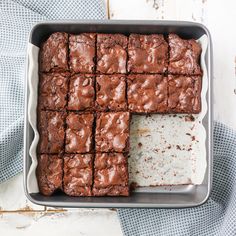 a pan filled with brownies on top of a table