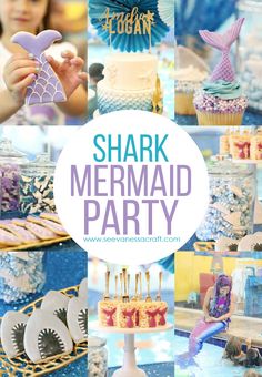 a collage of photos with the words shark and mermaid party on it's side