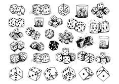 black and white dices with faces drawn in ink on a white background stock photo