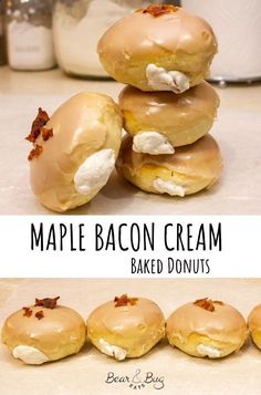 maple bacon cream baked doughnuts stacked on top of each other