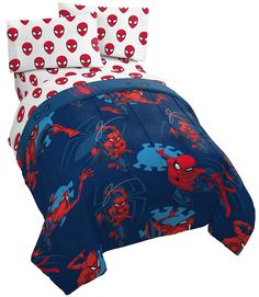 spiderman bedding set with blue sheets and red headbands on white background