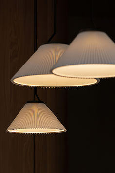 three lamps hanging from the ceiling in a room with wood paneled walls and flooring