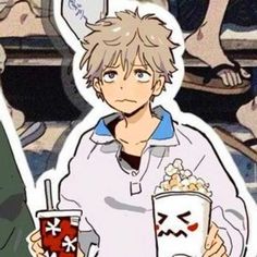 two anime characters one holding a drink and the other eating popcorn