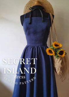 a blue dress with sunflowers on it and the title secret island sewing pattern