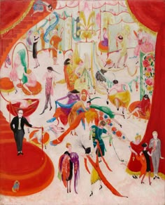 an image of a painting with people on the stage and in the background is a red curtain