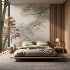 a bedroom with a large painting on the wall next to a bed and nightstands