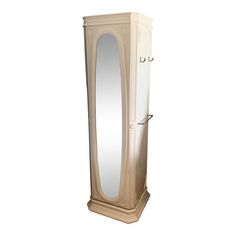 a tall white cabinet with a mirror on top