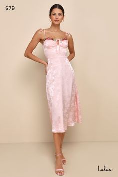 Make your day extra whimsical by slipping into the Lulus Ethereal Muse Light Pink Satin Jacquard Embroidered Midi Dress! Sleek woven satin jacquard boasts a sweet floral pattern as it falls from tying straps into a sweetheart neckline that features colorful floral embroidered trim and a sweet tying keyhole detail. The bustier-inspired bodice and high, fitted waist sit atop a classic A-line skirt that finishes at a chic midi hem. Hidden back zipper/clasp. Fit: This garment fits true to size. Leng Tea Party Dress Short, Midi Dress Satin, Hamptons Outfit, Bridal Luncheon, Tea Party Dress, Lulu Fashion, Embroidered Midi Dress, Embroidered Trim, Whimsical Fashion