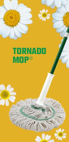 a yellow background with white daisies and a mop on the bottom that says tornado mop