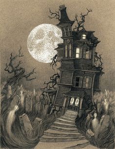 a drawing of a creepy house with stairs leading up to it