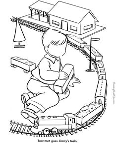 a black and white drawing of a boy on a toy train