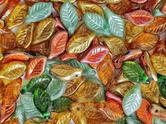 many different colored leaves on top of each other in the shape of something orange, yellow, green and brown