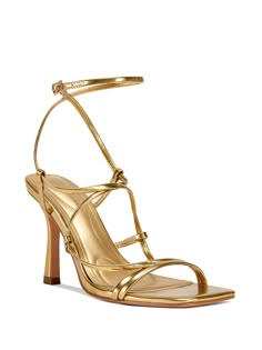 These chic gold heels feature delicate strappy detailing and lace up straps for a trendy touch. The open toe design and square toe add modern flair. Step into style and comfort with these must-have heels. 4" Heel height Cute Gold Short Heels, Luxury Gold Heels, Shoes For Gold Dress, Wedding Guest Shoes Heels, Gold Heels Aesthetic, Gold Prom Heels, Elegant Heels Classy, Grad Heels, Going Out Heels