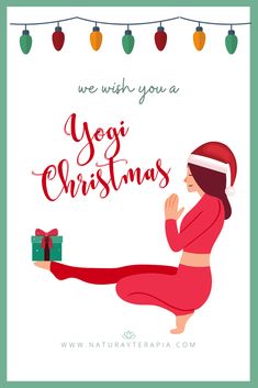 a woman in a red dress and santa hat holding a present box with the words yoga christmas