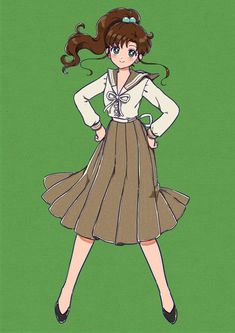 an anime character with long hair wearing a brown dress and white shirt, standing in front of