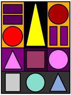 an abstract painting with different shapes and sizes on it's sides, including circles, squares, rectangles, and triangles