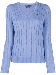 cornflower blue cotton signature Polo Pony motif cable knit V-neck long sleeves ribbed-knit edge Modern Preppy Style, Polo Pony, Cable Knit Jumper, Stockholm Fashion, Polo Sweater, Knitwear Tops, Ralph Lauren Sweater, Knitwear Design, Ralph Lauren Polo