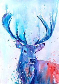 a painting of a blue deer with large antlers