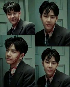 four different pictures of a man in a suit and tie with blood on his face