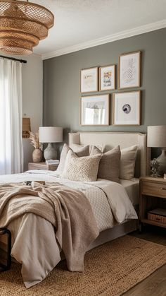 a bedroom with gray walls and white bedding, two pictures on the wall above the bed