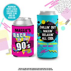 two cans of beer with different colors and designs on the front, one in pink and blue