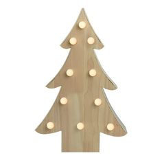 a wooden christmas tree with white balls on it