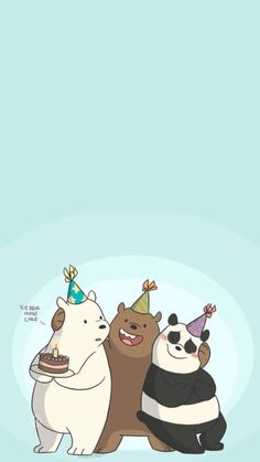 three panda bears are standing next to each other and one has a birthday hat on