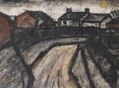 a drawing of a rural road with houses in the background