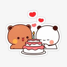 two teddy bears sitting next to each other with a cake in front of them sticker