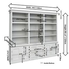 the measurements for an open bookcase with doors and shelves on each side are shown