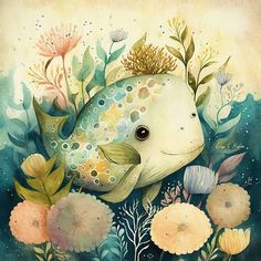 a painting of a fish surrounded by flowers