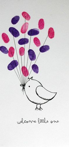 a drawing of a bird holding flowers with the words welcome little one written on it