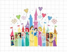 disney princesses and their castle with balloons