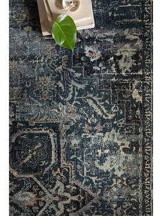 a blue rug with an ornate design on the top and bottom, next to a plant