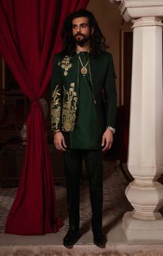 Pakistani Groom Dress in Kurta Trouser Style with Coat Style With Coat, Prince Coat, Dark Green Color, Green Trousers, Groom Wear, Under One Roof, Pakistani Dress, Trouser Style, Groom Dress