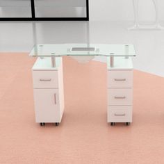 an office desk with two drawers on each side