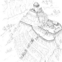 a drawing of a castle on top of a hill