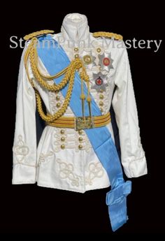 "H2/5 All white jacket with white natural ropes. This is natural white 8 pcs Military Officers ceremonial heavy cotton jacket with natural white braids and Trims at chest and cuffs, it has brass polished gold  buttons  &  shoulder Aiguillettes & eppaulates accessories, Waist  Belt has metal buckle with 3 x stars badges with detachable back pin. Adjustable blue Moire watered effect  sash  are all included in this sale. Please note it's free size belt with adjustable adjuster can fit up 28\"- 42\" Please refer to the photos.  Sizes are available  XXS - to fit 36\" chest  XS - to fit 38\" chest   To S to fit 40\" chest -  To M to fit 42\" chest   L - To Fit size 44\" XL - to Fit size 46\" XXL to fit 48\"  Front and back length - 32\" approximately  Sleeve length. - 26\" approximately  Shoulde Blue Sash, Marching Band Uniforms, Band Uniforms, King Costume, Navy Uniforms, Star Badge, British Uniforms, Custom Uniform, Funky Hats